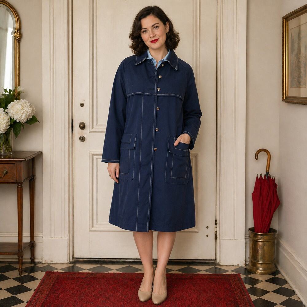 1960s Lanson Navy Blue Trench Coat Contrast Stitch Raincoat - M
